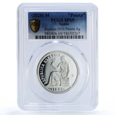 Spain Republic 1 Peseta Restrike 1933 SP 69 PCGS silver token 2020 - Image 1 of 4