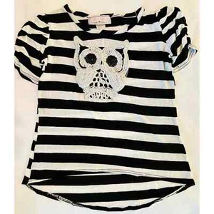 Emmenno Owl black & white striped girl’s hi-lo top - Picture 1 of 8