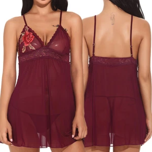 Sexy-Lingerie Women's Lace See-Thru Mini Dress Sets Sleepwear Underwear Babydoll - Picture 1 of 34