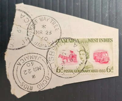 1960 Jamaica 6d sello en pieza CD Salisbury-Half Way Tree con tránsitos Foto 1 de 2