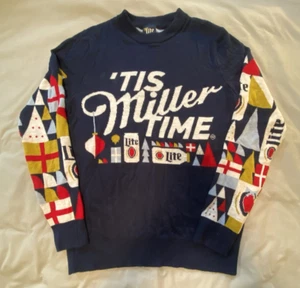 Miller Lite Sweater Men XL Blue Classic Beer Holiday Graphic Ugly Pullover AOP - Picture 1 of 18