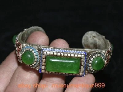 3" Old Chinese Silver Cloisonne inlay Green jade Benevolence jewelry bracelet - Image 1 of 4