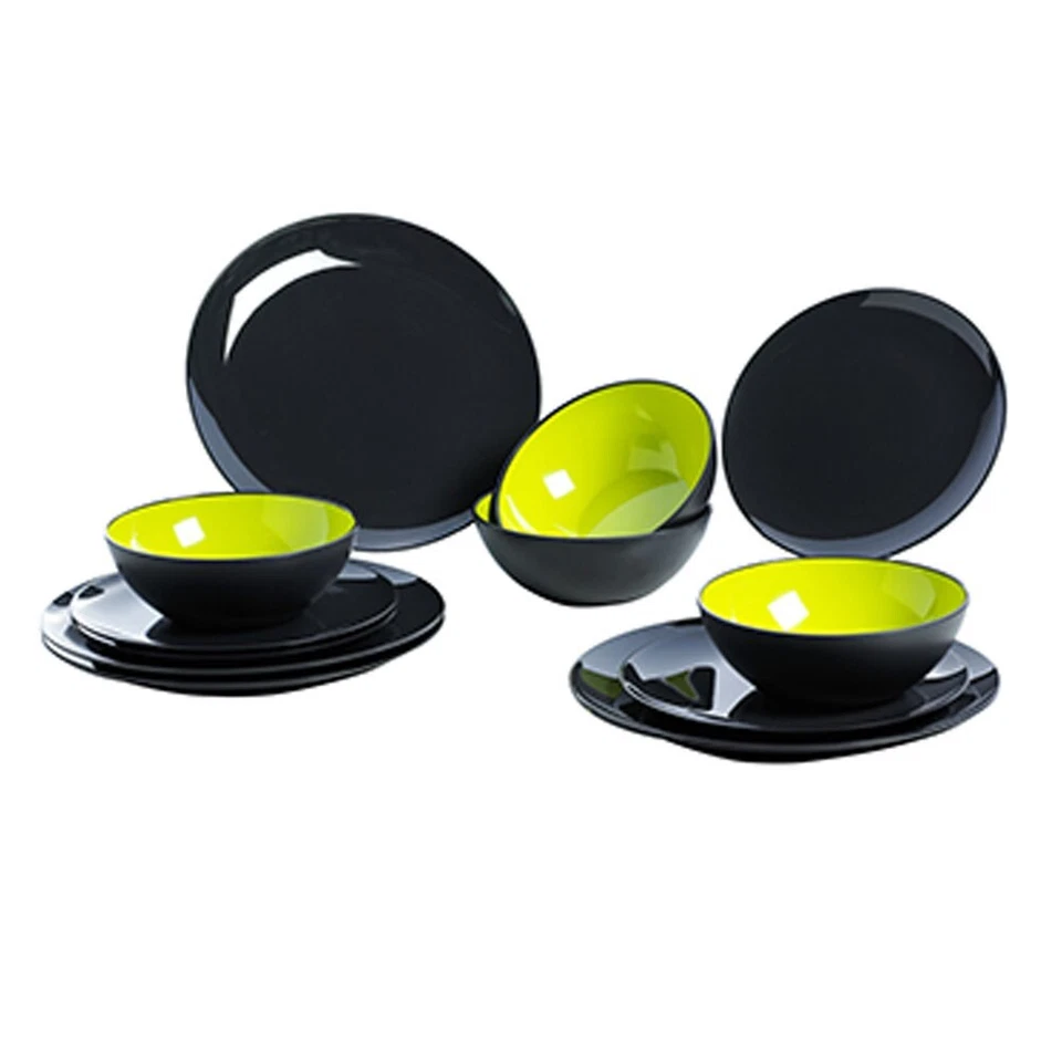 Gimex Geschirrset 12-tlg GREY LINE 4 Personen Melamin Camping Boot Yacht lime - Bild 1 von 1