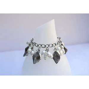 Silpada Cha Cha Sterling Silver Dangle Bracelet Leaf Charms Freshwater Pearls - Picture 1 of 6