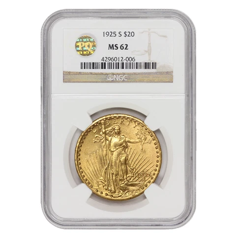 1925-S $20 Gold Saint Gaudens Double Eagle NGC MS62 Choice Graded PQ Approved Cover