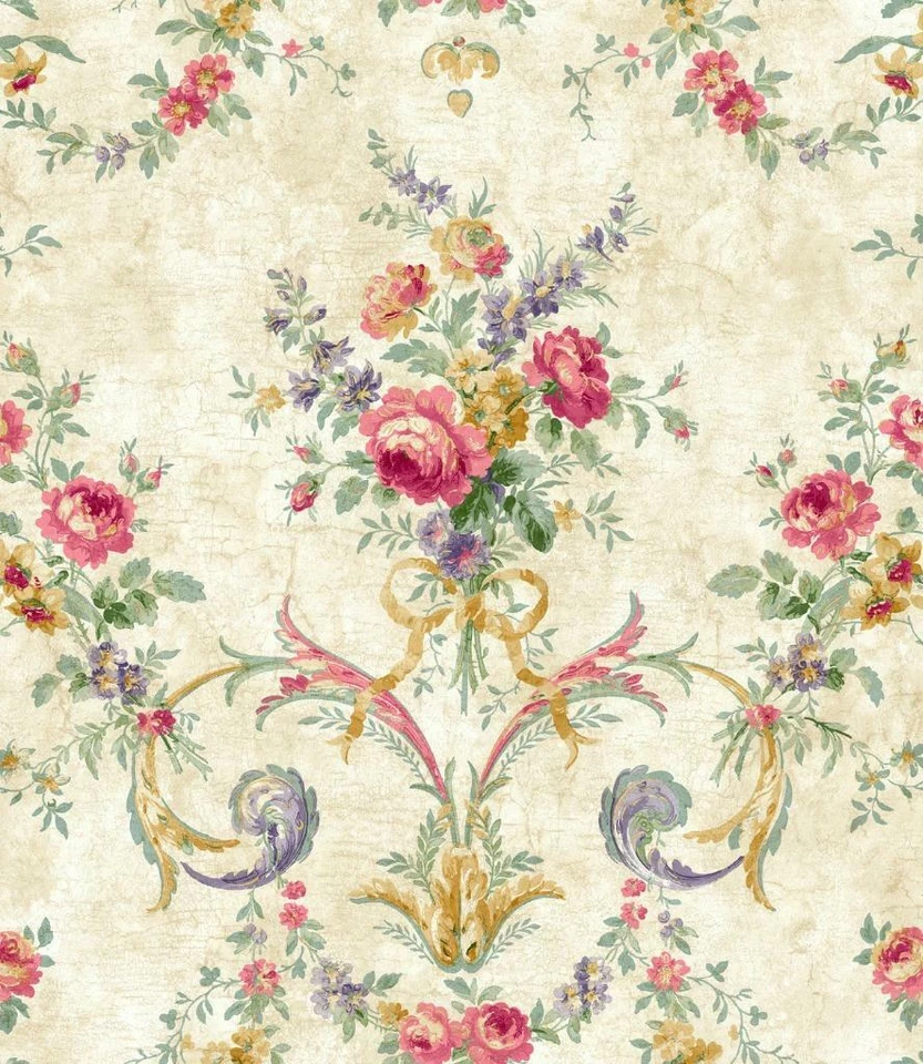 Wallpaper Pink & Red Purple Yellow Green Floral on Beige Faux, 56 sq ft per bolt - Image 1 of 1