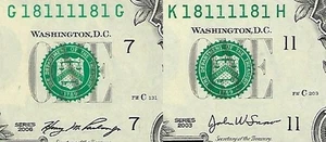 (2) MATCHING $1 2006 & 2003 - FANCY S/N - 2-Digit RADAR Note - 18111181 - ChCU - Picture 1 of 3