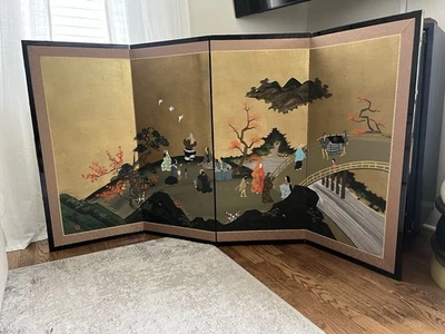 Vintage Japanese Byobu Silk Screen 4-Panel Room Divider Hand Painted Autumn Moon - Image 1 of 4