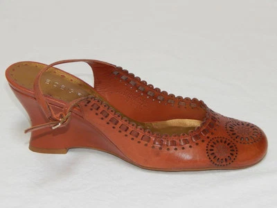 BCBGIRLS Women's Brown Leather Floral Slingback Wedge Pumps Size 8 B - Image 1 of 4