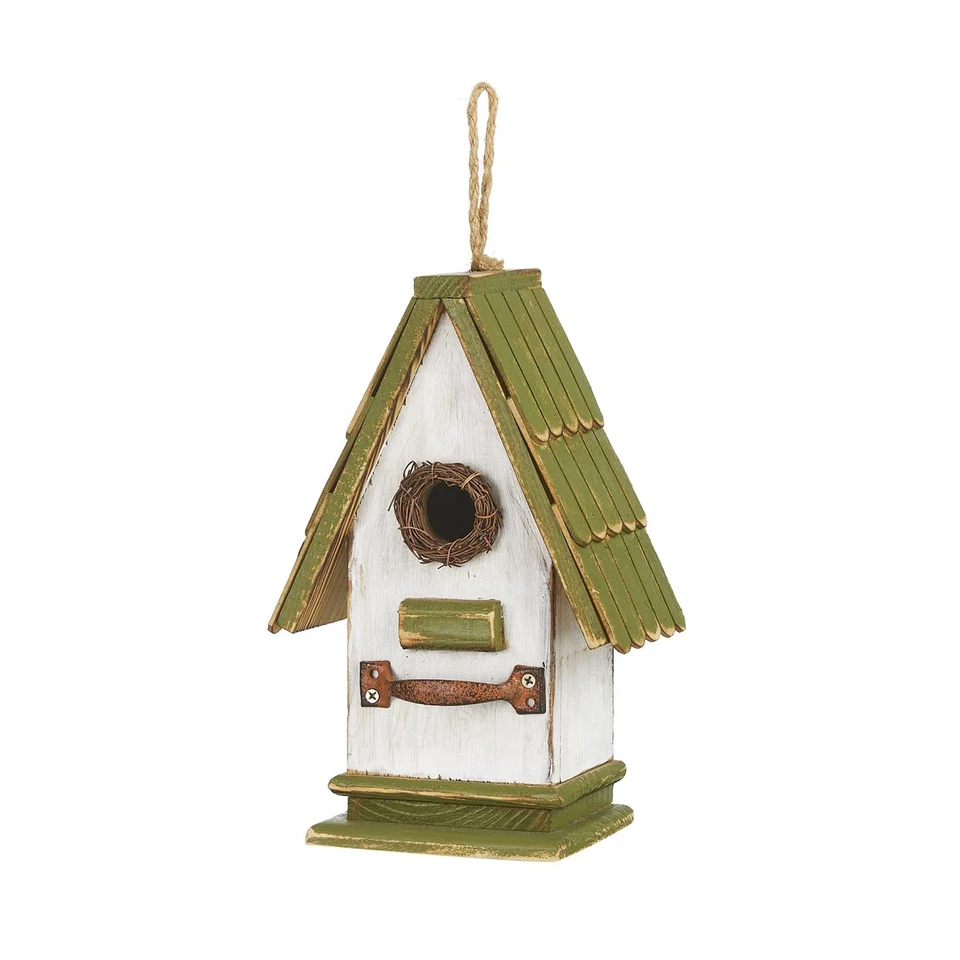 Glitzhome 10.5" H Wood Green Roof Garden Birdhouse Hand Painted Hanging Distr...