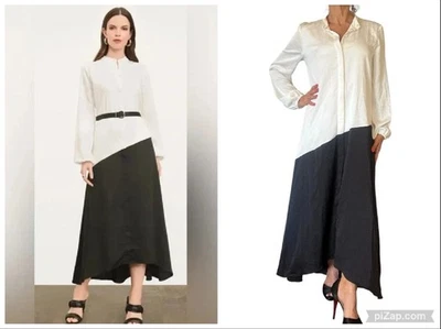 Donna Karan New York Shirt Dress Black White Asymmetric Midi Maxi Long Sleeve  8 - Image 1 of 4