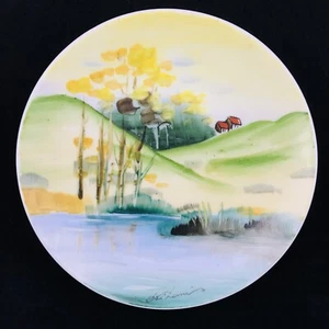 Japanischer handbemalter Teller 6 Zoll Land Pastoral See Hügel grün blau gelb - Bild 1 von 2