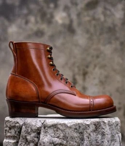 Botas con cordones de cuero tostado hechas a mano para hombre, botas de oficina de vestir de tacón cubano para hombre - Imagen 1 de 3