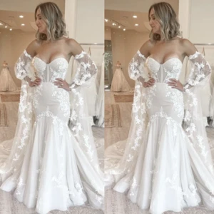 Mermaid Wedding Dresses Detachable Sleeve Sweetheart Lace Applique Bridal Gowns - Picture 1 of 16