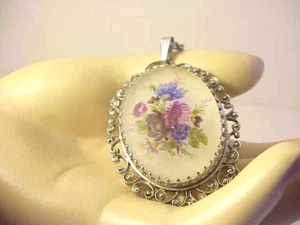 Vintage ovaler Anhänger mehrfarbig Krappen-Set Blumendesign 24" silberfarbene Kette - Bild 1 von 5