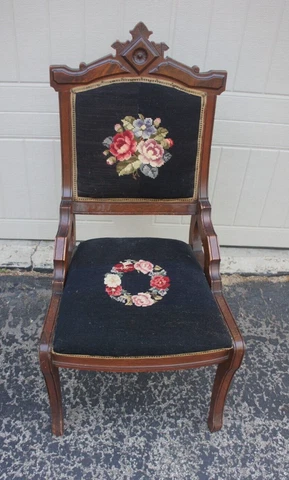 Antique Victorian Eastlake Carved Walnut Needlepoint Rose  Parlor Accent Chair Cover