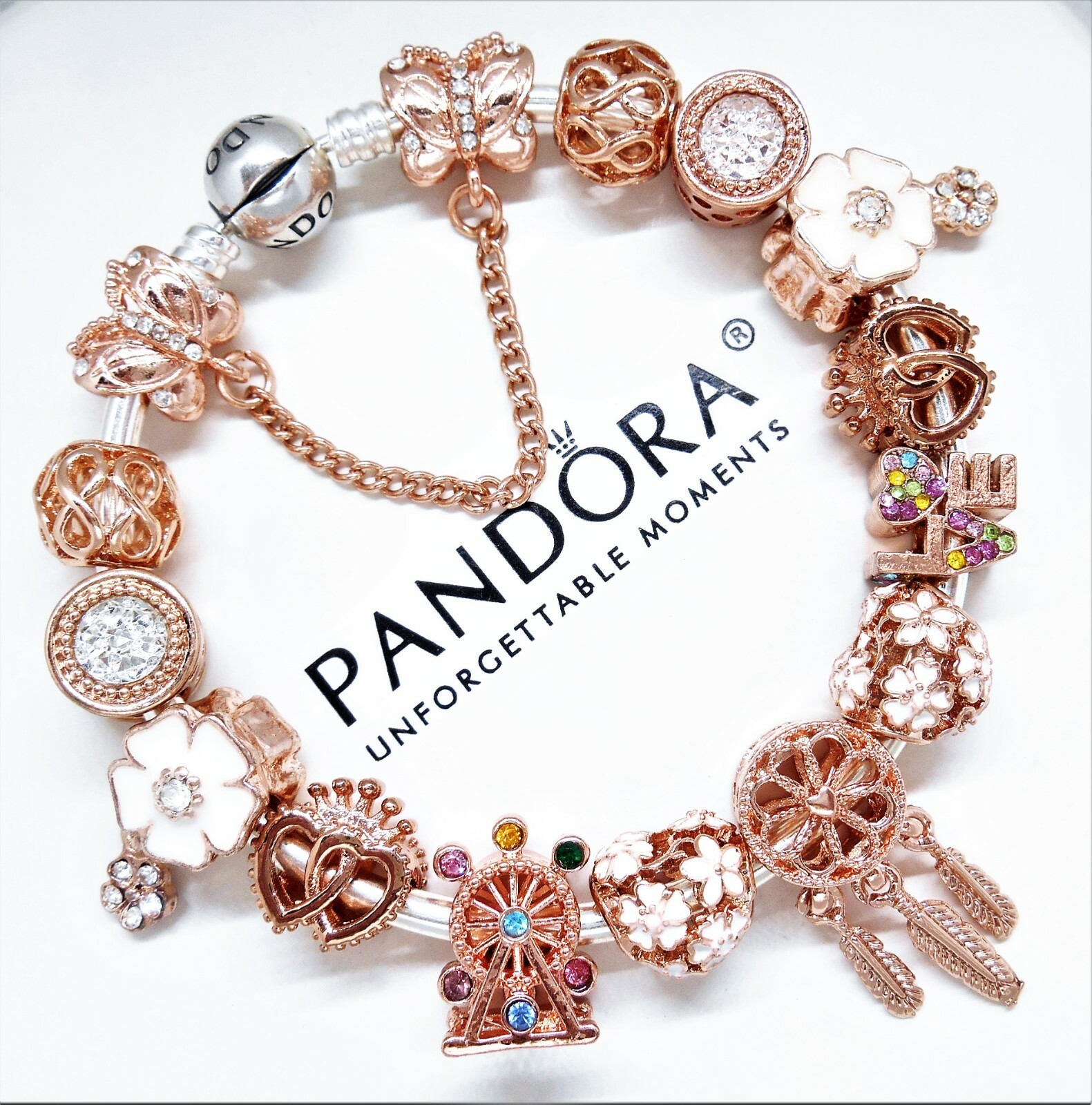 PANDORA SILVER CHARM BRACELET ROSE GOLD 