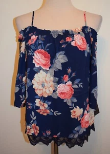 New Womens Iz Byer Cold Shoulder Blouse Blue Floral Small Lace Trim Top - Picture 1 of 3