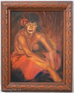 Schönes altes naives Ölgemälde Frauenportrait einer polynesischen Frau in rot - Bild 1 von 7