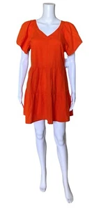 SONOMA Womens Size Small Orange Short Sleeve V Neck Tiered Pockets Mini Dress - Picture 1 of 10