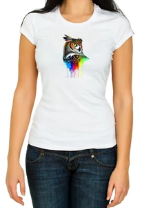 Rainbow Colorful owl Women's 3/4 Short Sleeve T Shirt K377 - Picture 1 of 3