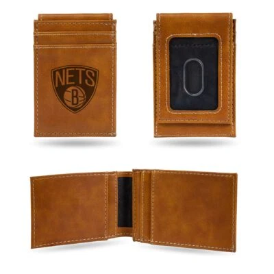 Brooklyn Nets NBA Laser Engraved Brown Front Pocket Wallet/Money Clip - Image 1 of 4