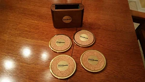 PENN BANK Brass/Cork Coasters With Wooden Case - Picture 1 of 8