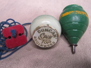 2 Vintage Wooden Spin Tops 1 Original String Duncan Spin Top Blue Green - Picture 1 of 8