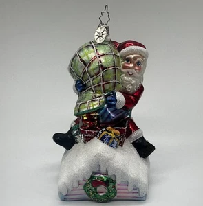 Christopher Radko Christmas Ornament Santa Eave’s Dropping On Roof w/ Presents - Picture 1 of 7