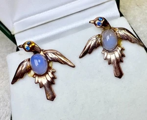 Vintage Sterling Silver Bird Screw-Back Earrings with Blue Glass Cabochon & Rhin - Picture 1 of 11