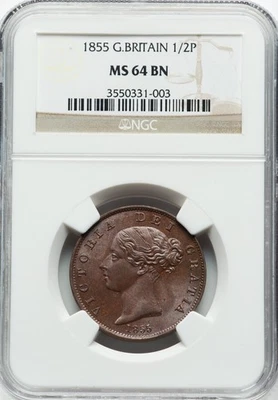 1855 - Victoria - Half Penny - NGC MS64BN - UNDERGRADED JEWEL - LOOKS FULL MS65! - Image 1 of 2