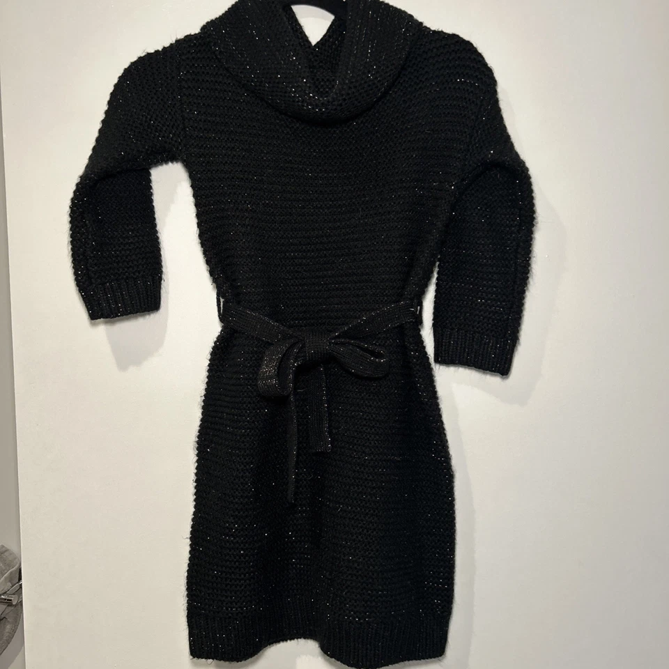 Vestido Suéter Tejido Cherokee Niña Negro (Brillo Dorado) Grande 12/14 Capucha Cuello Cinturón Foto 1 de 4