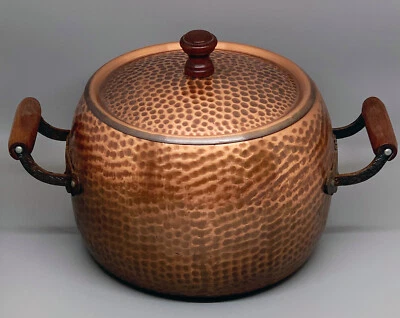 Großer Kupfer Topf / Bowle - Holz Metall Griffe - Hammerschlag Muster - Vintage - Bild 1 von 4