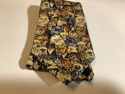 100% Silk Cat  Tie Classic Cat Print Kitties Museum Artifacts Handmade Made USA - Image 1 of 4