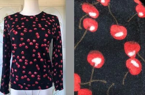 J. CREW 100% WOOL MERINO BLACK SWEATER RED CHERRIES PRINT WOMEN'S S EUC CLEAN - Picture 1 of 10