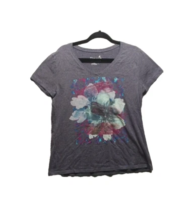 HANES цветочный футболка L (12-14) женщин v-образным вырезом синий повседневный хлопок трикотажа - Изображение 1 из 4