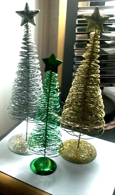 3 spiral glittered wire loops decorative Christmas trees silver gold green Nice - Image 1 of 4