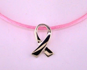 Ribbon Slide Pendant Tarnish Free Sterling Silver on 18" Pink Satin Cord - Picture 1 of 2
