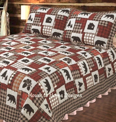 BLACK BEAR CABIN 3p King QUILT SET : LODGE RED BLACK BUFFALO CHECK MOUNTAIN HUTS - Image 1 of 3