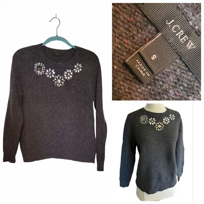 J. Crew Gray Crew Jeweled Rhinestones Sweater Laine Lambs Wool Blend Size Small - Image 1 of 4