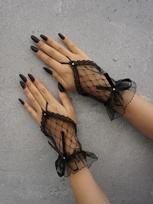 Women Sexy Bridal Wedding Christmas Halloween Party Short Fingerless Lace Gloves - Image 1 of 4