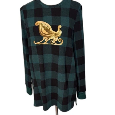 Quacker Factory green check top with Gold sequin Sleigh Size S Oversized - image 1 of 4