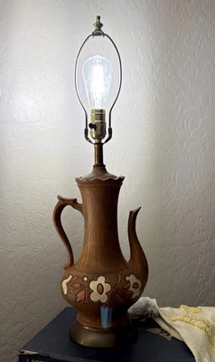 Vintage 1970s Ceramic Teapot Pitcher Table Lamp Art Pottery Wood Eclectic 15” - Image 1 of 4