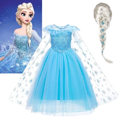 Girls Elsa Frozen Princess Costume Set Elegant Sparkly Dress + Cape Cosplay Gift - Image 1 of 4
