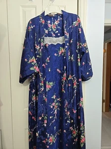 Vintage 90s Inner Most Medium Satin Feel Blue Floral Print Gown And Robe - Picture 1 of 14
