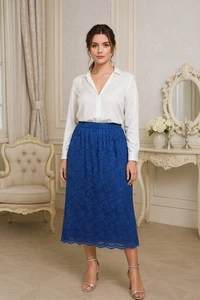 Vintage Womens Skirt 16 Blue Lace Overlay Midi Elastic Waist Romantic Retro USA - Picture 1 of 10