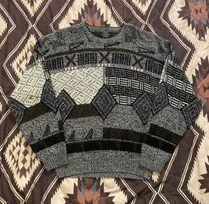Maglione geometrico vintage anni 80 espressioni bianco e nero nonno grunge grande - Foto 1 di 6