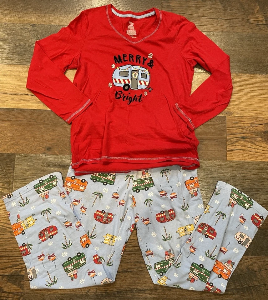CAMPING Christmas PJs Pajama Set WOMENS SIZE SMALL 4 6 Long Sleeve PANTS Campers - Image 1 of 3