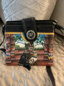 VINTAGE SHARIF HANDBEMALTE SCHULTERTASCHE KATZEN - Bild 1 von 15