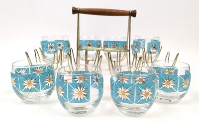 Aqua Atomic Starburst ROLY POLY Drinking Glass Set w/ Carrier Turquoise Gold MCM - Image 1 of 4